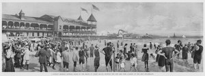 Una scena di balneazione domenicale sulla spiaggia di Coney Island, con il nuovo molo di ferro degli Iron Steamboats (foto in bianco e nero) da American Photographer