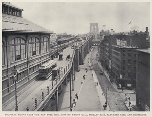 Ponte di Brooklyn dal lato di New York, mostrando la strada per i carri, la linea del tram, le auto elevate e la passeggiata