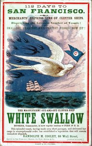 112 giorni per San Francisco, manifesto pubblicitario della Merchants Express Line of Clipper Ships, White Swallow