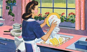 Una casalinga del 1940 lava i piatti nella sua cucina da sogno da American School