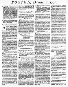 Un giornale Broadside che descrive gli eventi del Boston Tea Party, dicembre 1773