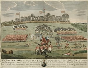 Una vista corretta della battaglia vicino alla città di New Orleans, pub. c.1815 (incisione colorata a mano)