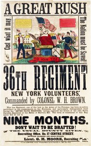 Una grande corsa, poster di reclutamento per il 36° Reggimento, pubblicato da Baker & Goodwin