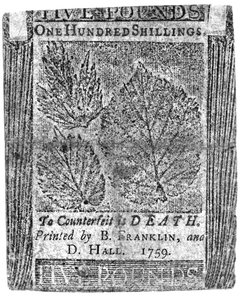 Una banconota da cento scellini stampata da B. Franklin e D. Hall, 1759 da American School