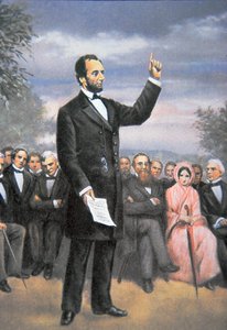 Abraham Lincoln (1809-65) che pronuncia il discorso di Gettysburg a Gettysburg, Pennsylvania, novembre 1863