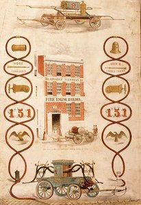 Pubblicità per Abraham Vanness, costruttore di autopompe e produttore di attrezzature antincendio, pub. da Geo. G. Gratacap, New York, c.1850 da American School