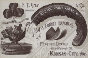 Pubblicità per F T Gray, sbiancatori di cappelli e piume, Kansas City, Missouri, USA