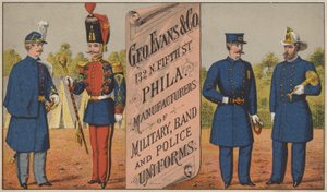Pubblicità per George Evans & Co, produttori di uniformi militari, bandistiche e di polizia, 132 N Fifth Street, Philadelphia da American School