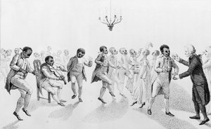 Afroamericani a un ballo con il governatore John Hancock (1737-93) da The Echo, con altre poesie di Richard Alsop (1761-1815) 1807 da American School