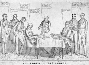 All Fours o Old Sludge, vignetta politica che raffigura il presidente Martin Van Buren (1782-1862) che gioca a carte contro William Henry Harrison (1773-1841) tra altri statisti e politici, 1836 da American School