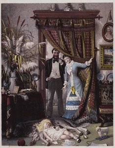 Coppia americana che guarda la figlia addormentata sul cane (litografia a colori) da American School