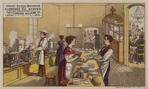 Cartolina commerciale americana che pubblicizza macchine da cucire e stufe a olio prodotte dalla Florence Machine Company, Massachusetts, c1880s da American School