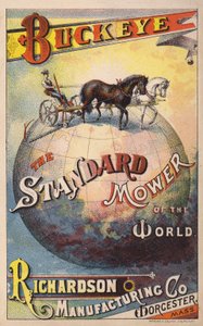 Cartolina commerciale americana che pubblicizza la falciatrice trainata da cavalli Buckeye della Richardson Manufacturing Company, c1880s