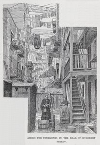 Tra le case popolari nel retro di Mulberry Street (litografia) da American School