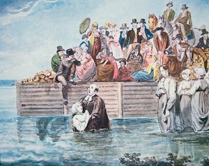 Anabattisti di Filadelfia assistono a un battesimo per immersione in un fiume da American School