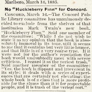 Articolo nel Boston Daily Globe riguardante il divieto di Huckleberry Finn a Concord, Massachusetts, dal 16 marzo 1885 da American School