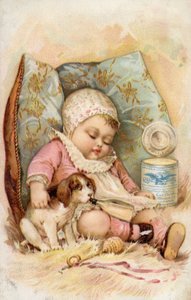 Bambino con cucciolo che beve da una bottiglia, pubblicità per latte conservato da American School