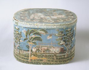 Scatola coperta con carta stampata a blocchi che mostra la vista di un castello, c.1835
