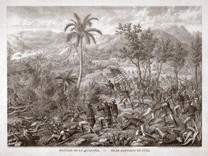 Battaglia di La Quasina, vicino a Santiago de Cuba, pub. 1898 (incisione) da American School