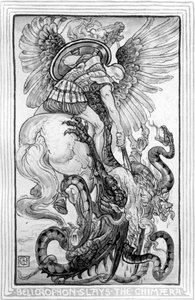 Bellepheron uccide la Chimera, tratta da The Wonder-Book for Girls and Boys scritto da Nathaniel Hawthorne, 1852 da American School