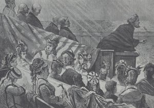 Brigham Young osservato dalle sue numerose giovani mogli mentre predica al Grande Tabernacolo Mormone, Utah da American School