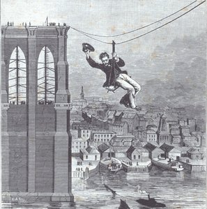 Ponte di Brooklyn in costruzione; il signor Farrington, capo supervisore della costruzione, è il primo a attraversare il tratto tra i due piloni il 25 agosto 1876 (incisione) da American School