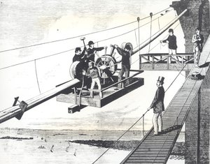 Ponte di Brooklyn in costruzione nel 1876, intrecciando i cavi di sospensione (incisione) da American School