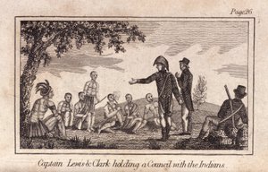 Capitano Lewis e Clarke in consiglio con gli indiani, pub. 1812 (incisione)