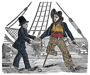 Capitano Mackra e il pirata con la gamba di legno. Incisione da 