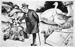 Cartone animato raffigurante il presidente Mckinley che cerca di zittire la 