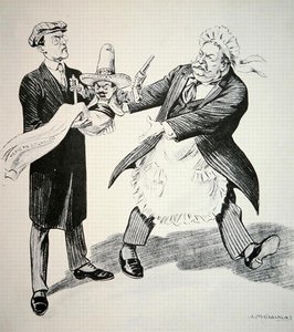 Cartone animato che raffigura il presidente William H. Taft (1857-1930) che consegna la problematica 