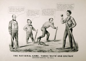 Cartone animato che mostra Abraham Lincoln (1809-65) vincere la palla contro i suoi avversari Douglas, Bell e Breckenridge nelle elezioni presidenziali del 1860, 1860 da American School
