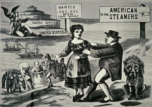 Cartone animato che mostra John Bull che cerca di fermare il crescente flusso di lavoratori verso gli Stati Uniti, c.1850 da American School