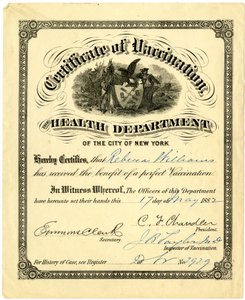 Certificato di vaccinazione, il Dipartimento della Salute della Città di New York..., 1882 da American School