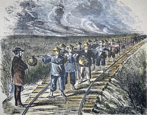 Charles Crocker (1822-88) e la sua forza lavoro cinese che costruisce la Central Pacific Railroad, completata nel 1869 da American School