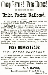 Fattorie economiche e case gratuite sulla linea ferroviaria Union Pacific, pubblicità da Appletons Journal, 4 maggio 1872 da American School