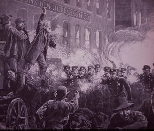 Rivolta dei lavoratori di Haymarket a Chicago del 1886, incisione pubblicata su Harper