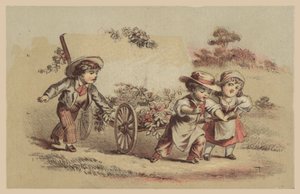 Bambini che tirano un carretto con fiori da American School