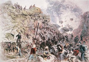 Lavoratori cinesi aiutano a costruire la Central Pacific Railroad, completata nel 1869 da American School