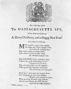 Auguri di Natale dal ragazzo che porta The Massachusetts Spy, stampato in The Massachusetts Spy 1 gennaio 1771 da American School