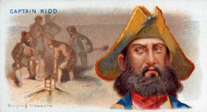 Carta da sigaretta Capitano Kidd, che seppellisce il tesoro, pub. 1888 litografia a colori da American School