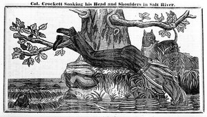 Il colonnello Davy Crockett che si immerge la testa e le spalle nel fiume Salt, da Crocketts Almanac, 1837