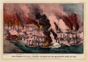 La flotta del Com. Farragut, passando i forti sul Mississippi, 24 aprile 1862, pub. da Currier & Ives, 1862