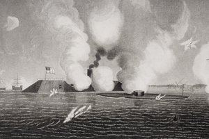 Combattimento tra la CSS Virginia Confederata (sinistra) e la USS Monitor dell