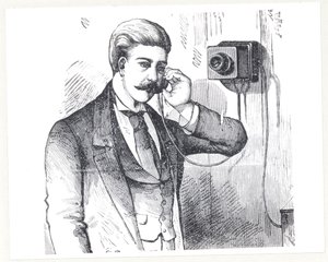 Telefono a condensatore in uso, da The Electric Telephone di George Bartlett Prescott, 1890 da American School