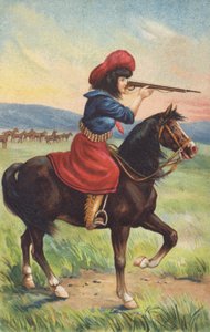 Cowgirl a cavallo che punta un fucile (cromolitografia) da American School