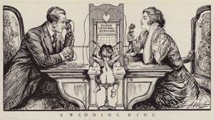 Cupido che orchestra una telefonata tra un uomo e una donna (litografia) da American School