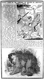 Davy Crockett che paga due francesi per aver insultato la sua amata, domando una leonessa, ecc., illustrazione da Crocketts Almanack da American School