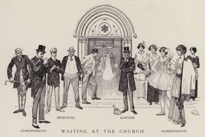Detective, avvocati e correligionari in attesa della fine di un matrimonio in chiesa (litografia) da American School