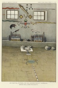 Pittura a secco, feticci e decorazioni murali di Thlewekwe (confraternita degli ingoiatori di spade) (litografia a colori) da American School